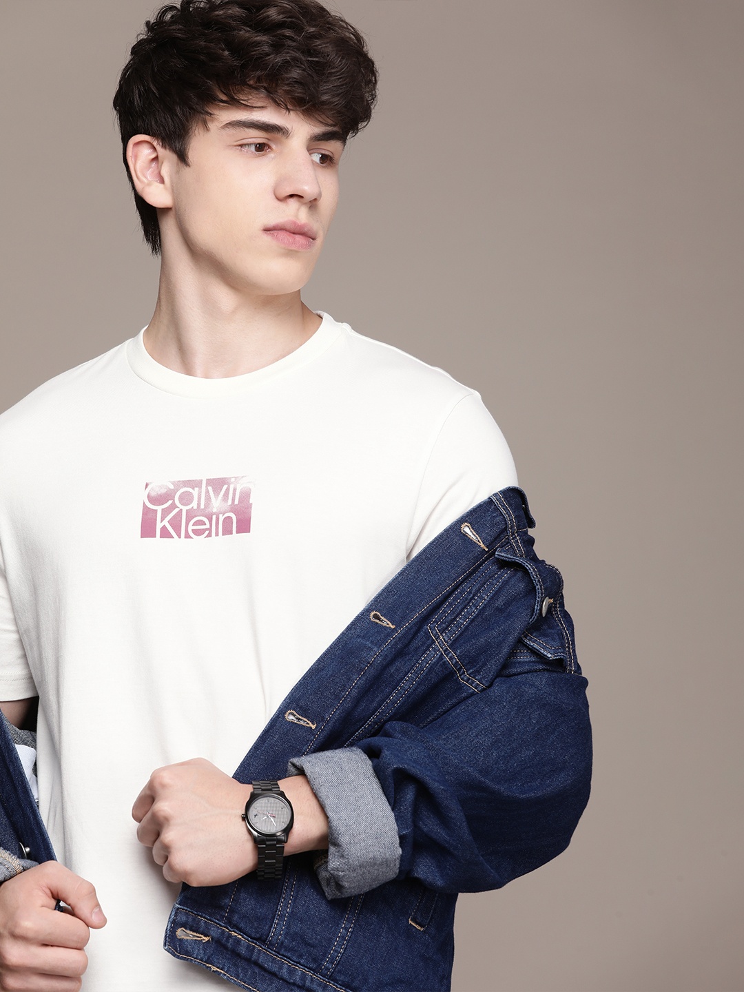 

Calvin Klein Jeans Round Neck Typography Printed Pure Cotton T-shirt, Off white