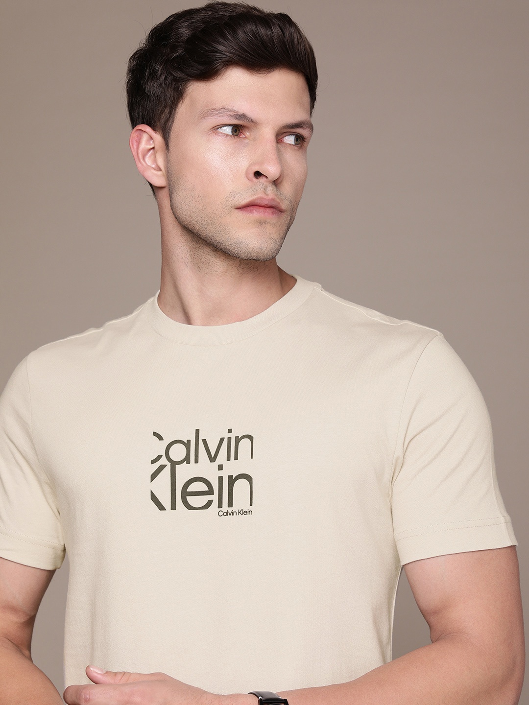 

Calvin Klein Jeans Men Brand Logo Printed Pure Cotton T-shirt, Beige