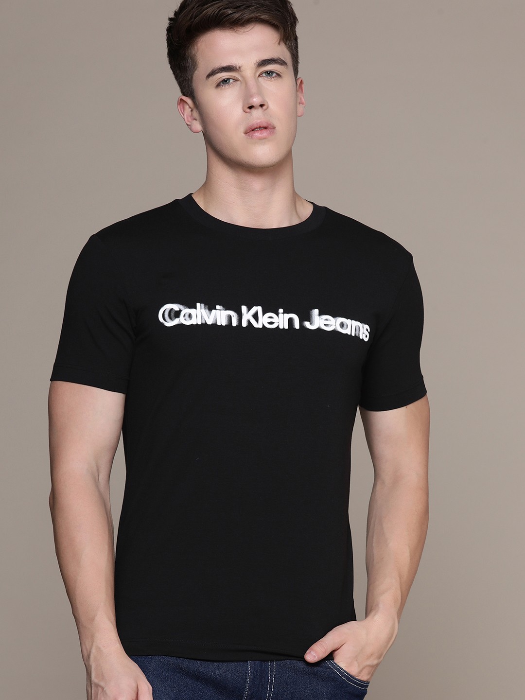 

Calvin Klein Jeans Brand Logo Print Monochrome Knitted Slim Fit T-shirt, Black