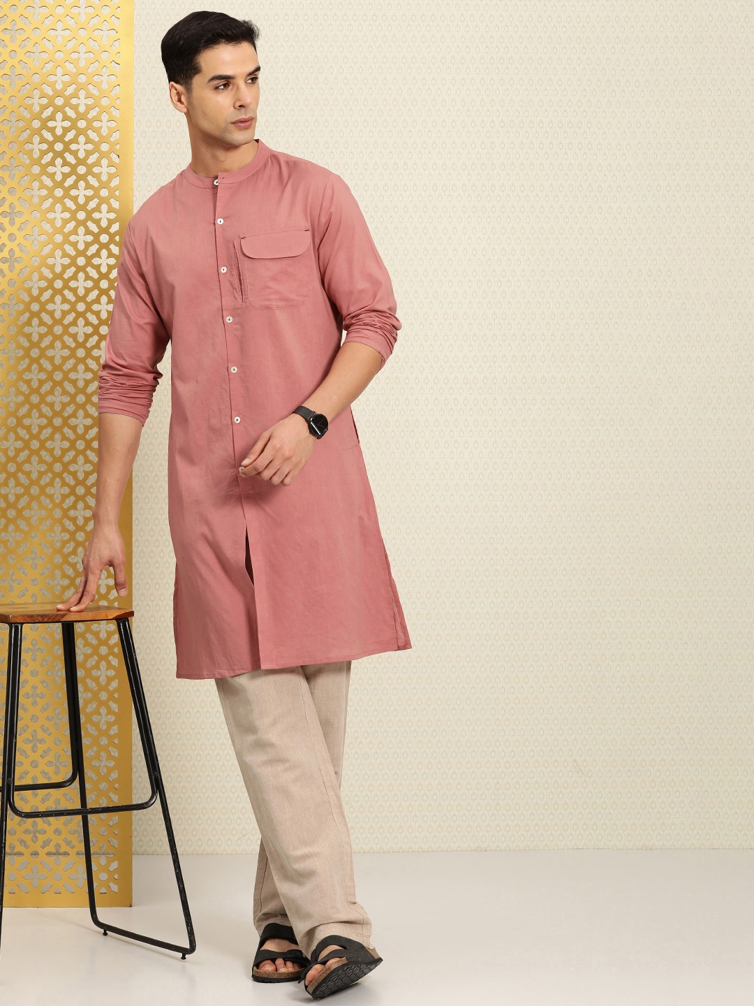 

House of Pataudi Rozana Band Collar Pure Cotton Kurta, Pink