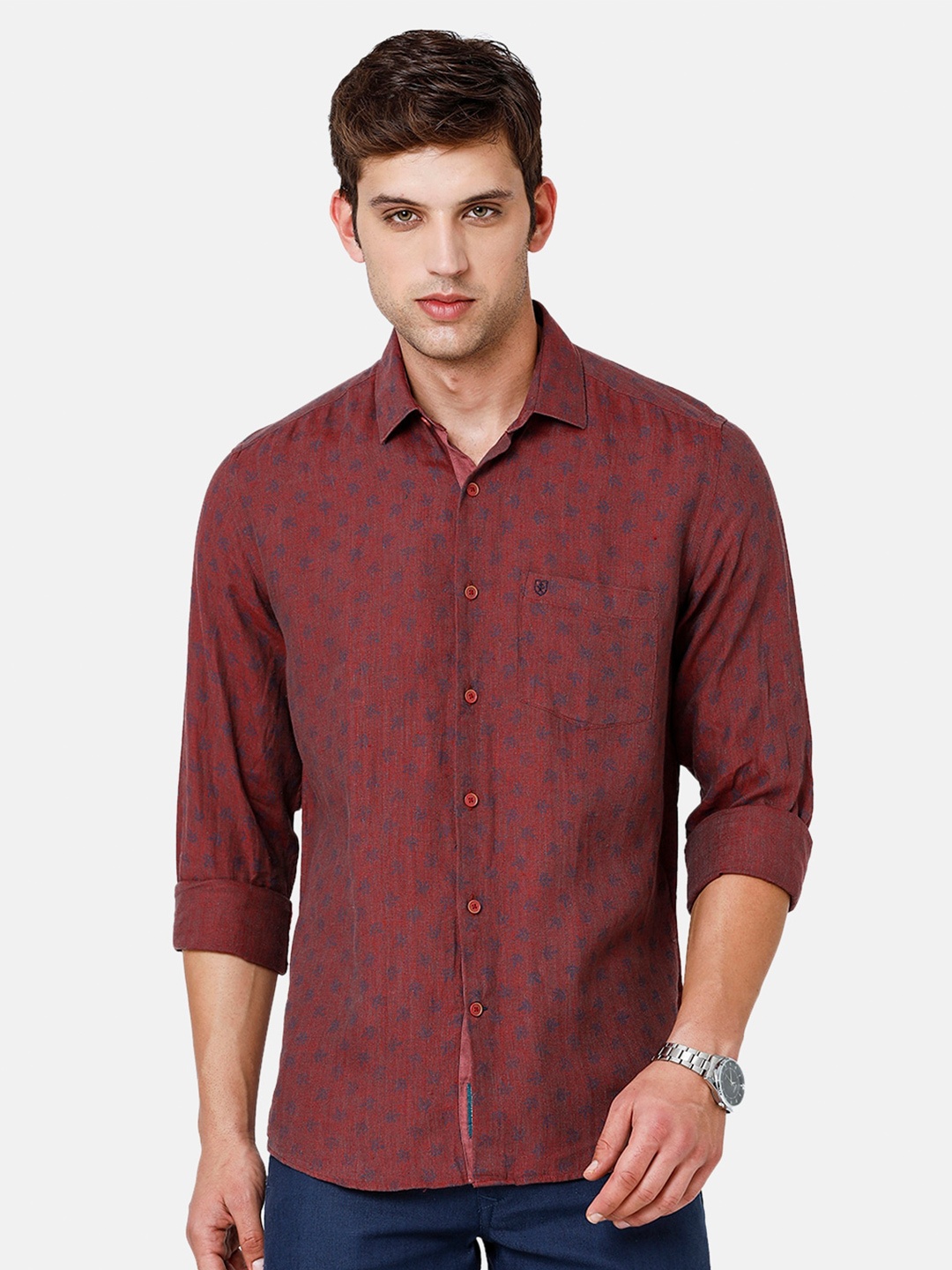 

Linen Club Men Floral Printed Sustainable Casual Shirt, Maroon