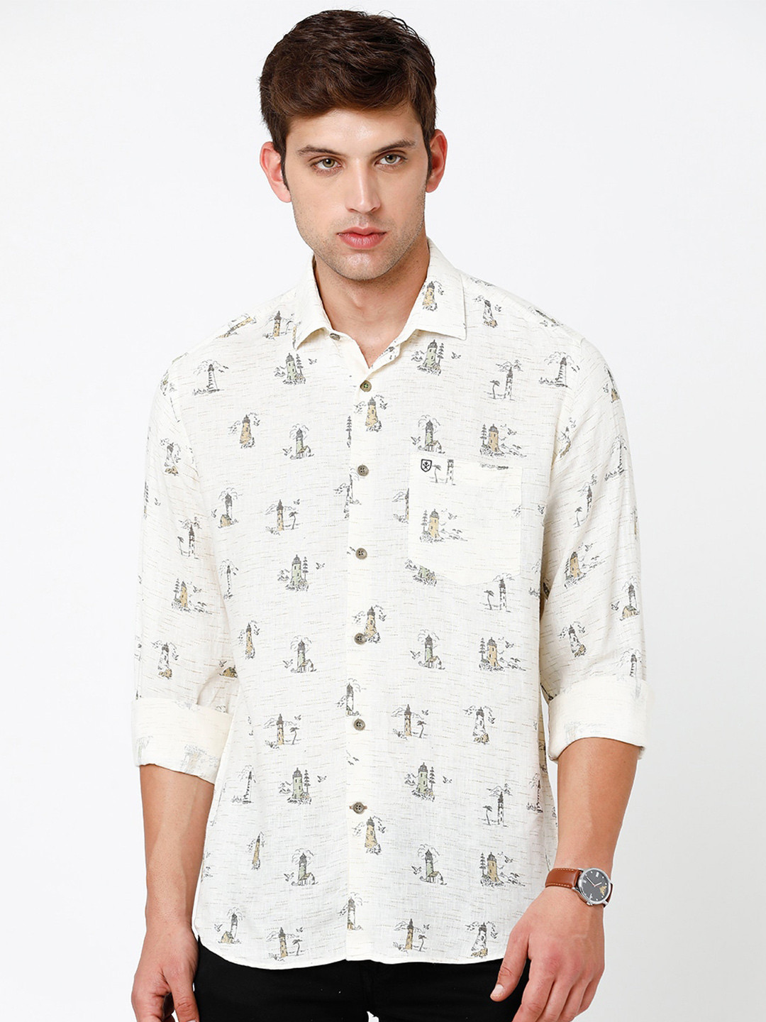 

Linen Club Men Printed Sustainable Casual Shirt, Cream