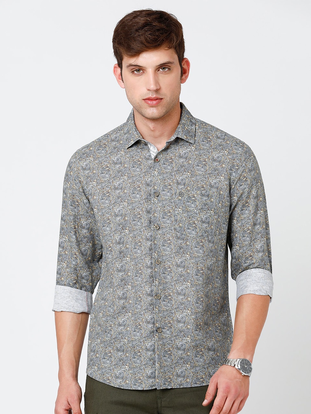 

Linen Club Men Floral Printed Sustainable Casual Shirt, Grey