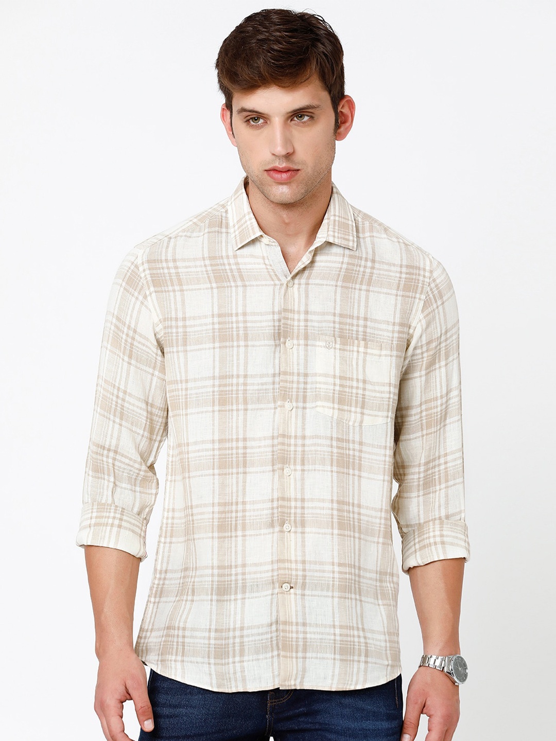 

Linen Club Men Checked Pure Linen Sustainable Casual Shirt, Beige