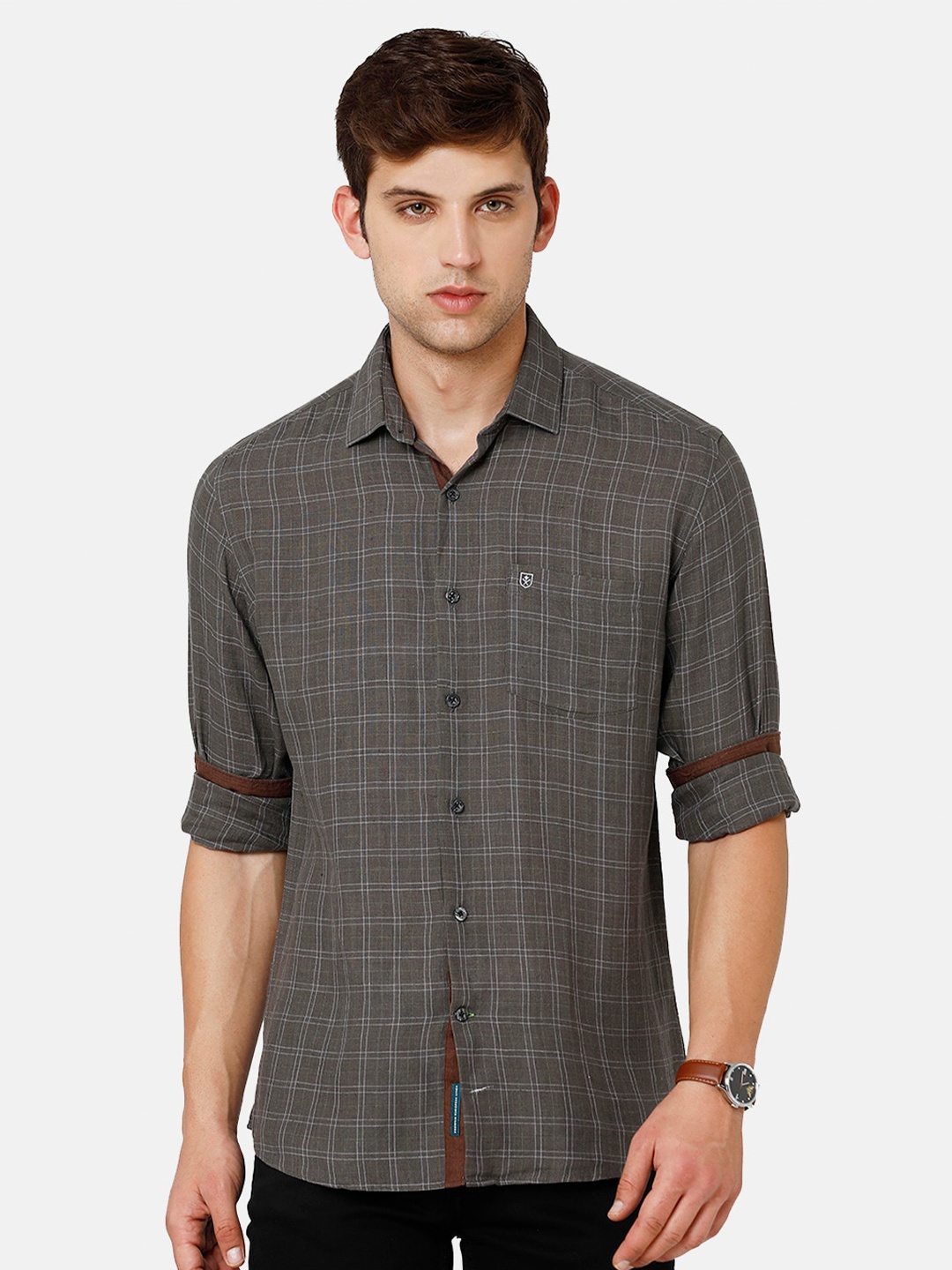 

Linen Club Men Checked Pure Linen Sustainable Casual Shirt, Grey