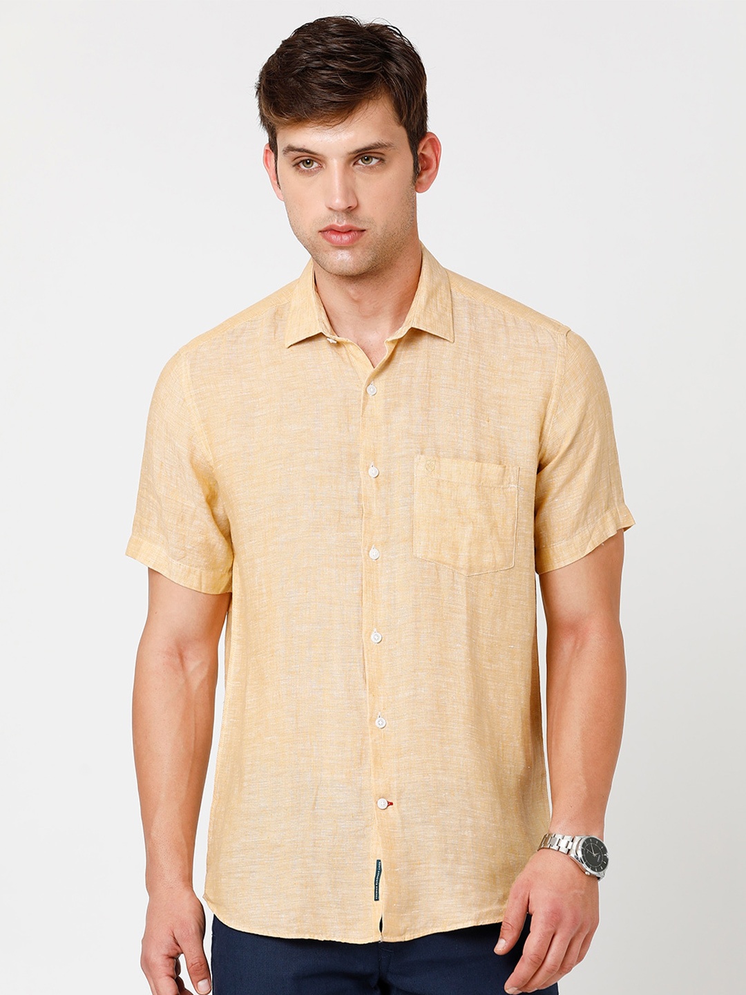 

Linen Club Men Pure Linen Sustainable Casual Shirt, Yellow