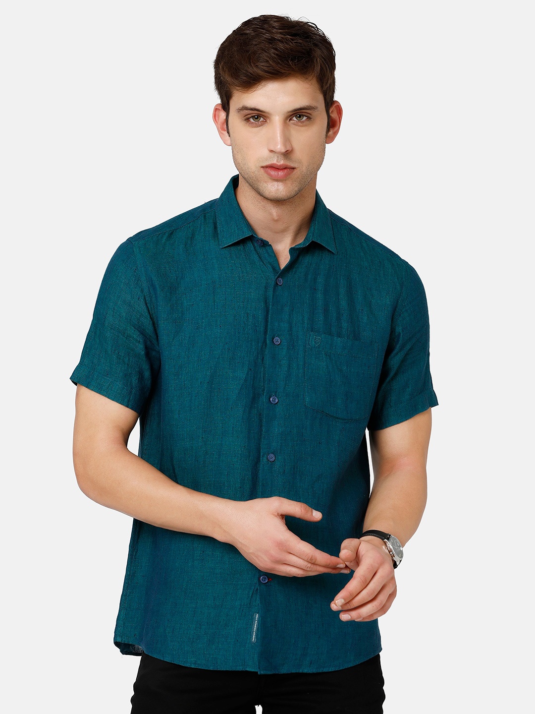 

Linen Club Men Pure Linen Casual Shirt, Teal