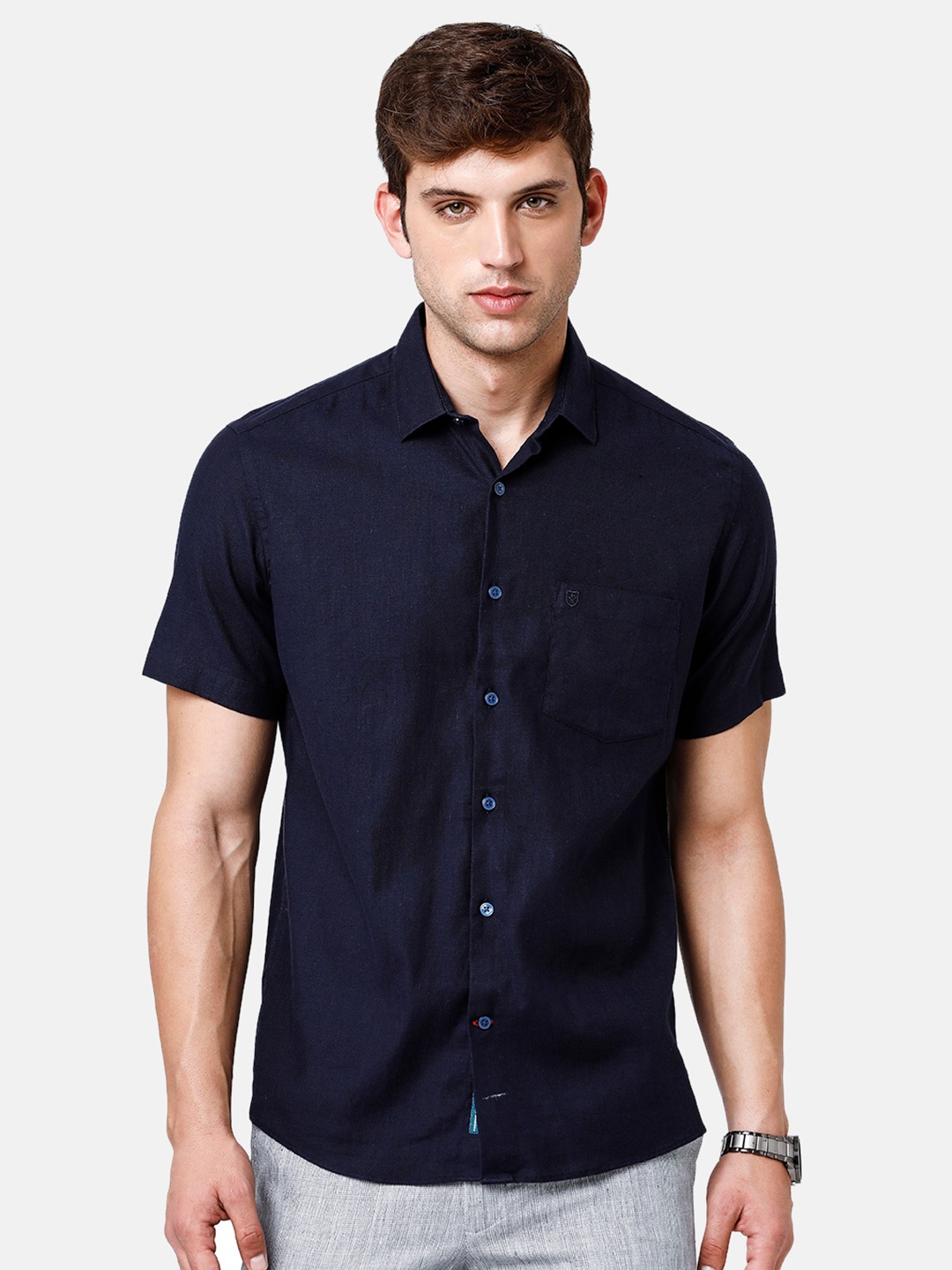 

Linen Club Men Pure Linen Sustainable Casual Shirt, Navy blue