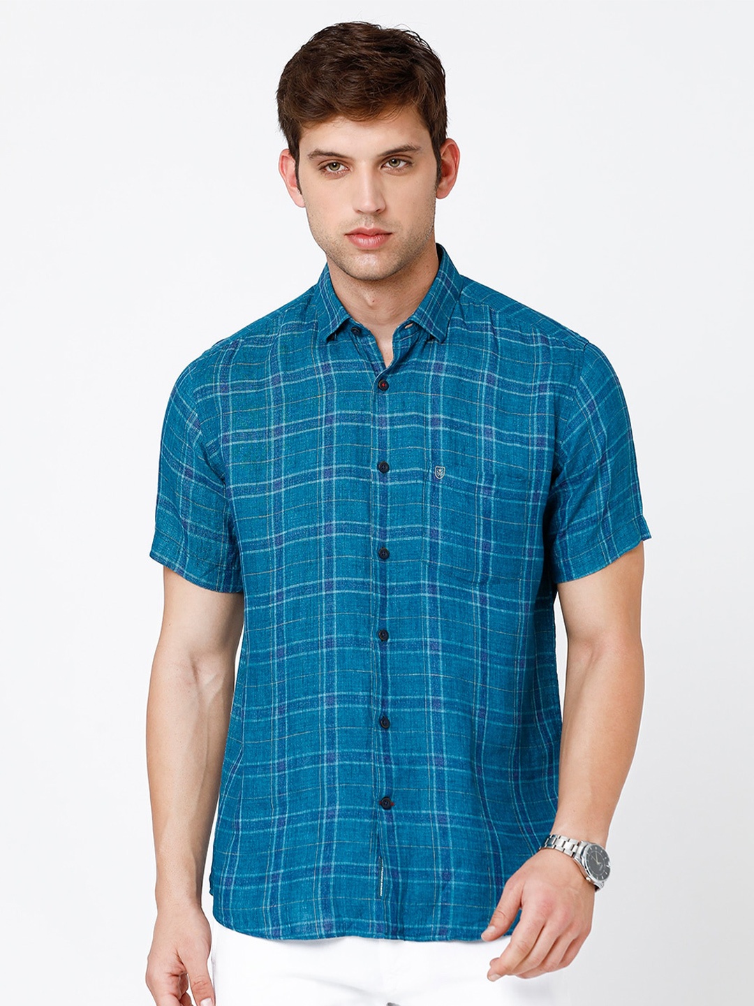 

Linen Club Men Checked Pure Linen Sustainable Casual Shirt, Blue