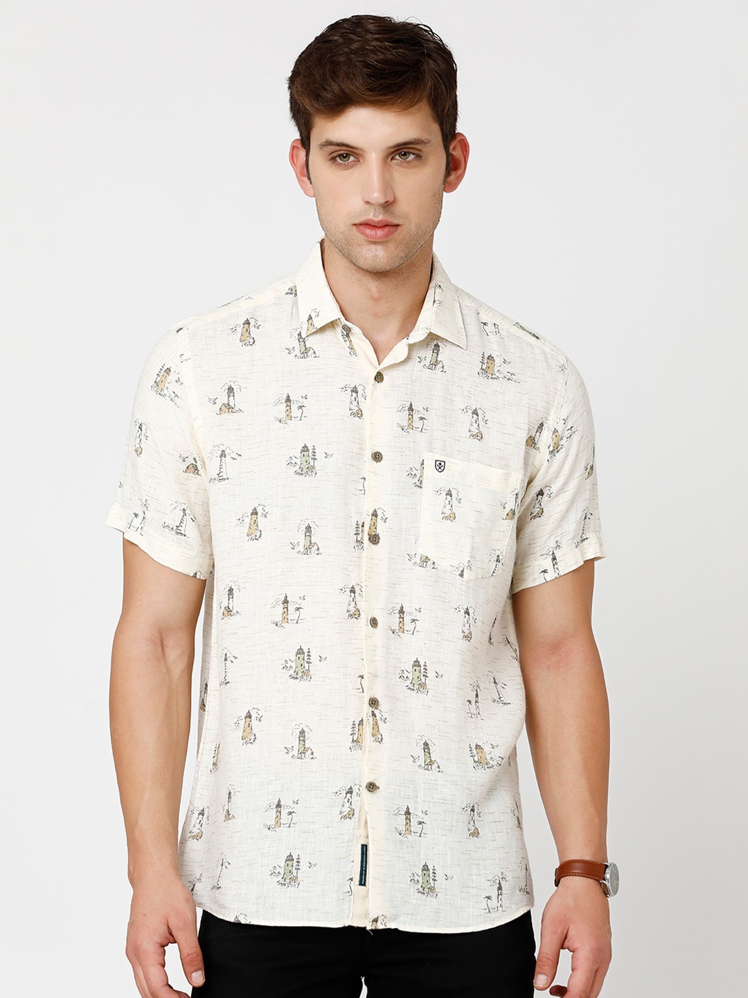 

Linen Club Men Printed Pure Linen Sustainable Casual Shirt, Yellow