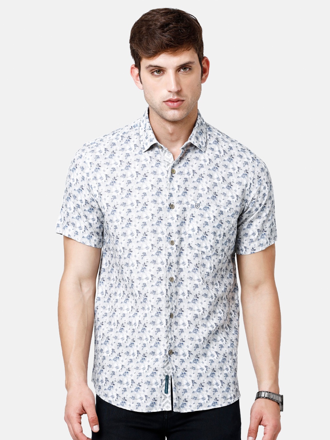 

Linen Club Men Floral Printed Pure Linen Sustainable Casual Shirt, Blue