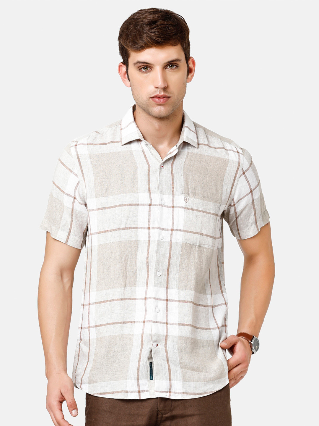 

Linen Club Men Checked Pure Linen Sustainable Casual Shirt, Beige