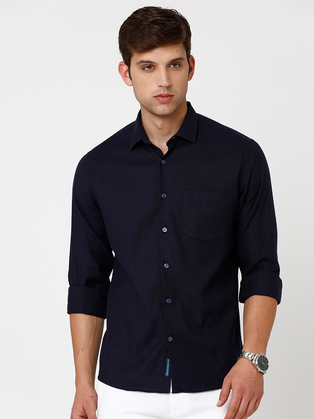 

Linen Club Men Pure Linen Sustainable Casual Shirt, Navy blue
