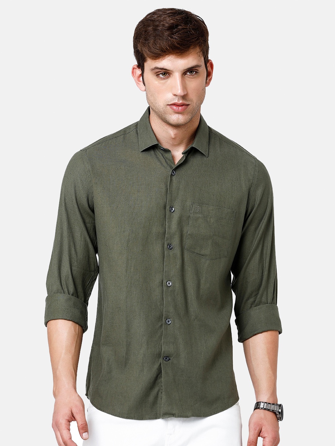 

Linen Club Men Pure Linen Sustainable Casual Shirt, Olive