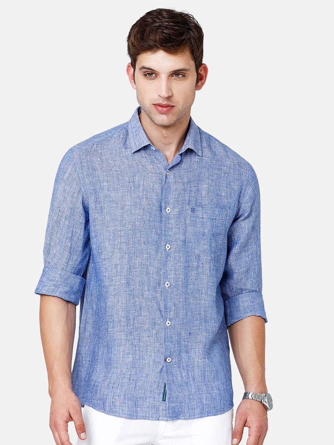 

Linen Club Men Pure Linen Sustainable Casual Shirt, Blue