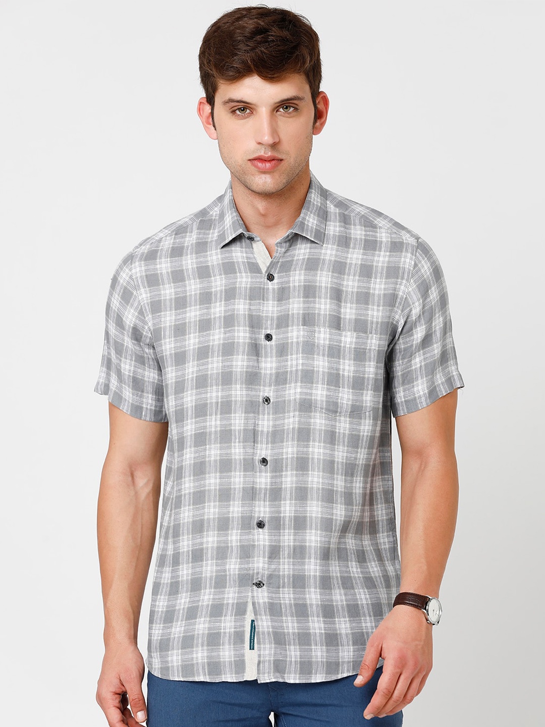 

Linen Club Men Checked Pure Linen Sustainable Casual Shirt, Grey