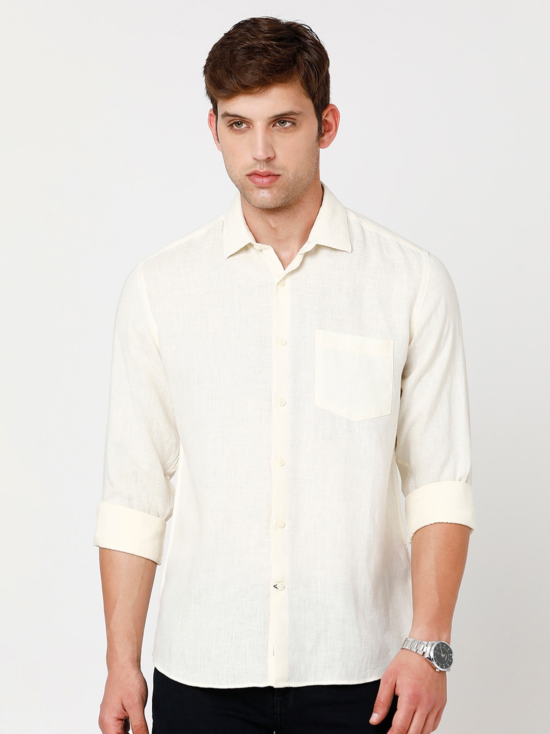 

Linen Club Men Pure Linen Sustainable Casual Shirt, Yellow