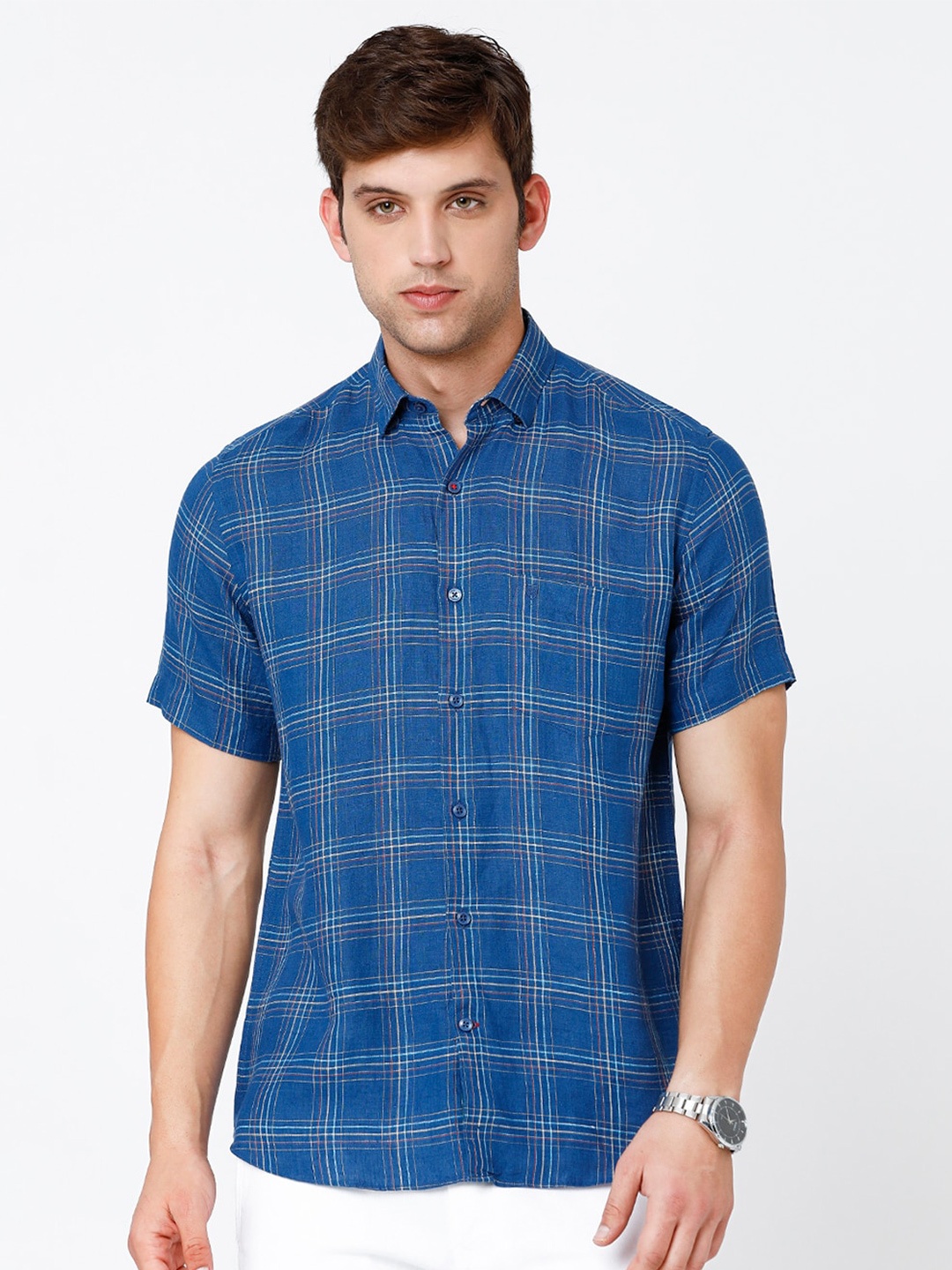 

Linen Club Men Tartan Checked Pure Linen Sustainable Casual Shirt, Blue