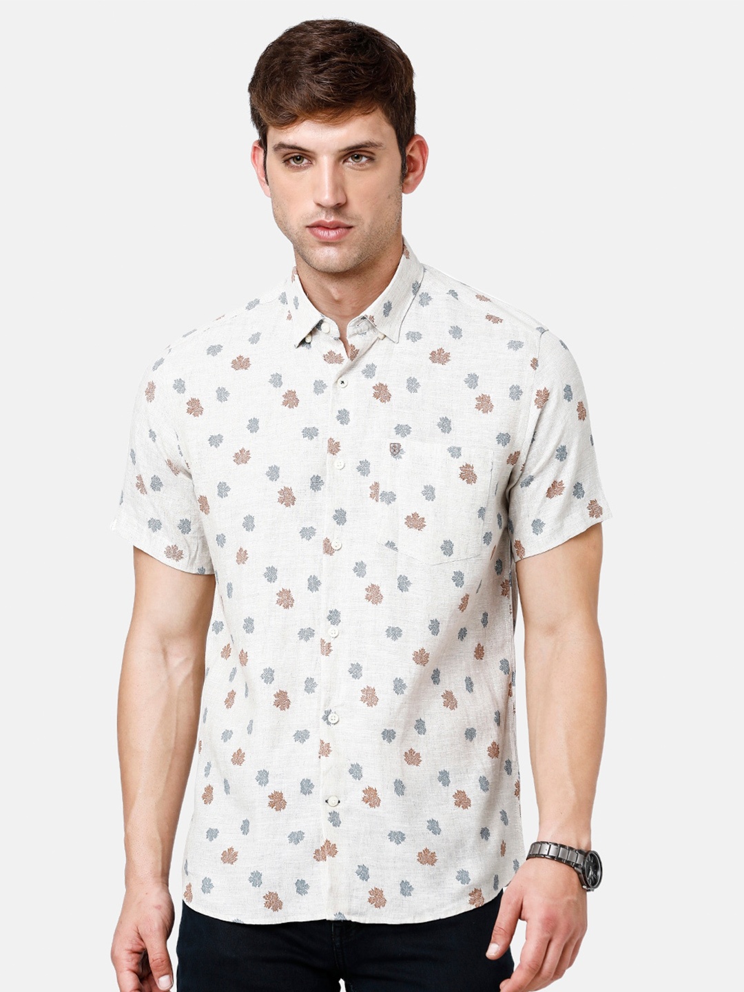 

Linen Club Men Printed Pure Linen Sustainable Casual Shirt, Off white