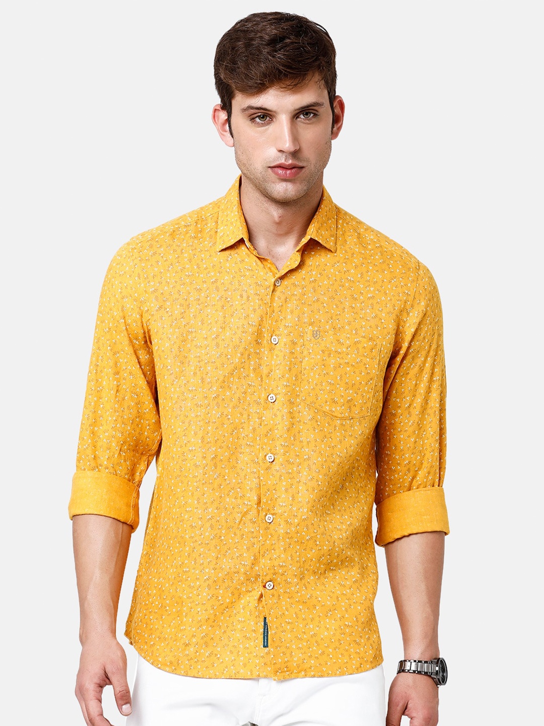 

Linen Club Men Floral Printed Pure Linen Sustainable Casual Shirt, Yellow