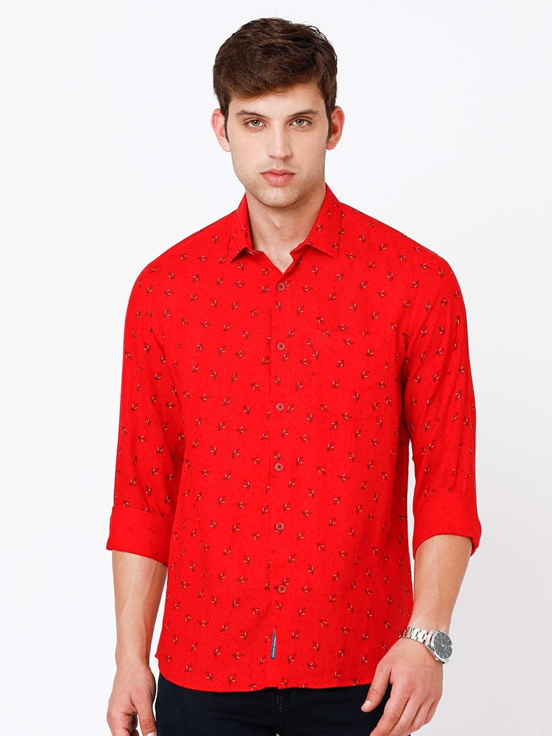 

Linen Club Men Floral Printed Pure Linen Sustainable Casual Shirt, Red