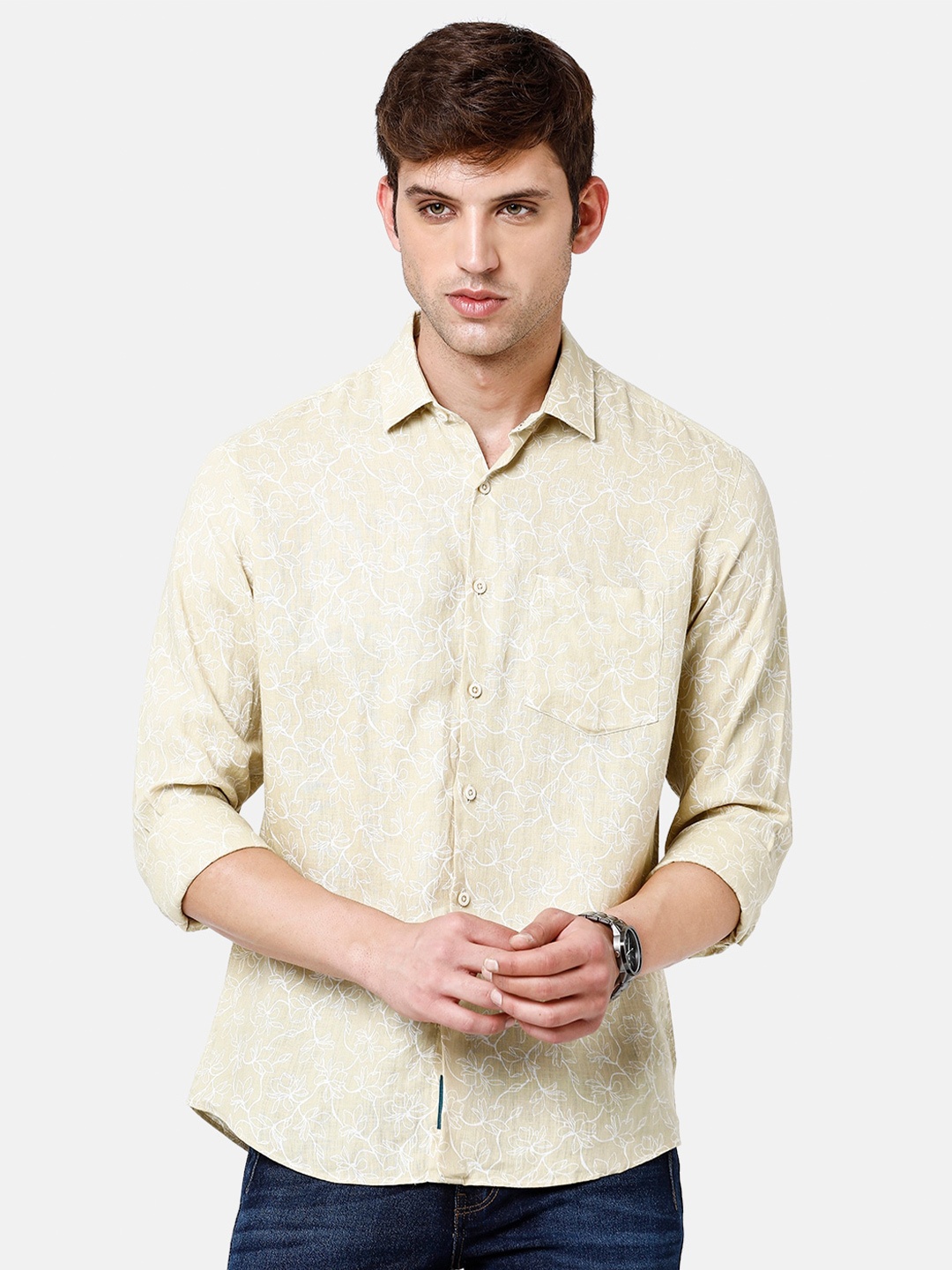 

Linen Club Men Floral Printed Pure Linen Sustainable Casual Shirt, White