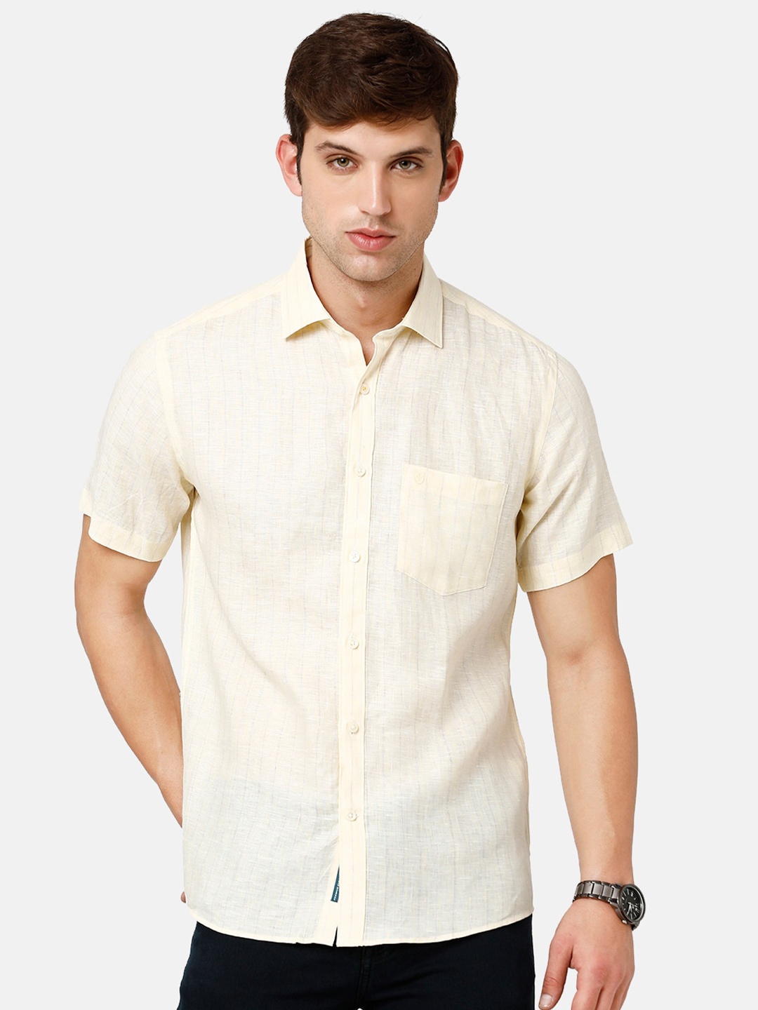 

Linen Club Men Striped Pure Linen Sustainable Casual Shirt, Yellow