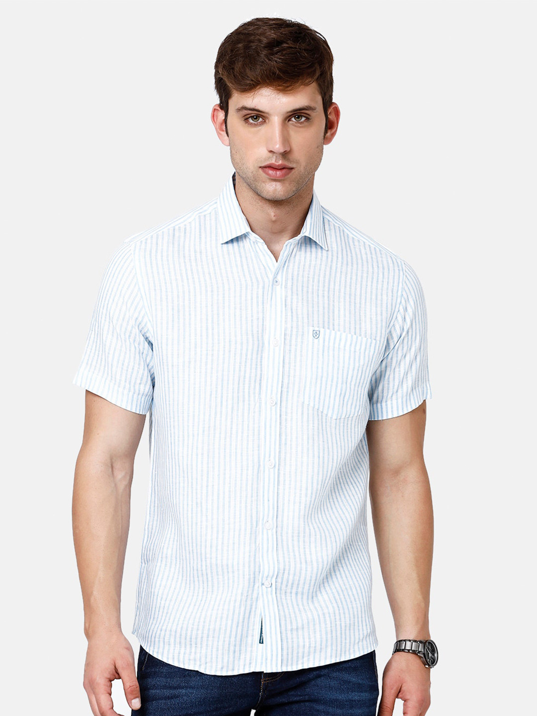 

Linen Club Men Striped Pure Linen Sustainable Casual Shirt, Blue