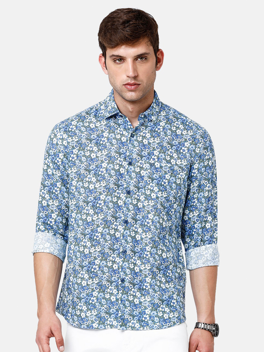 

Linen Club Men Floral Printed Pure Linen Sustainable Casual Shirt, Blue