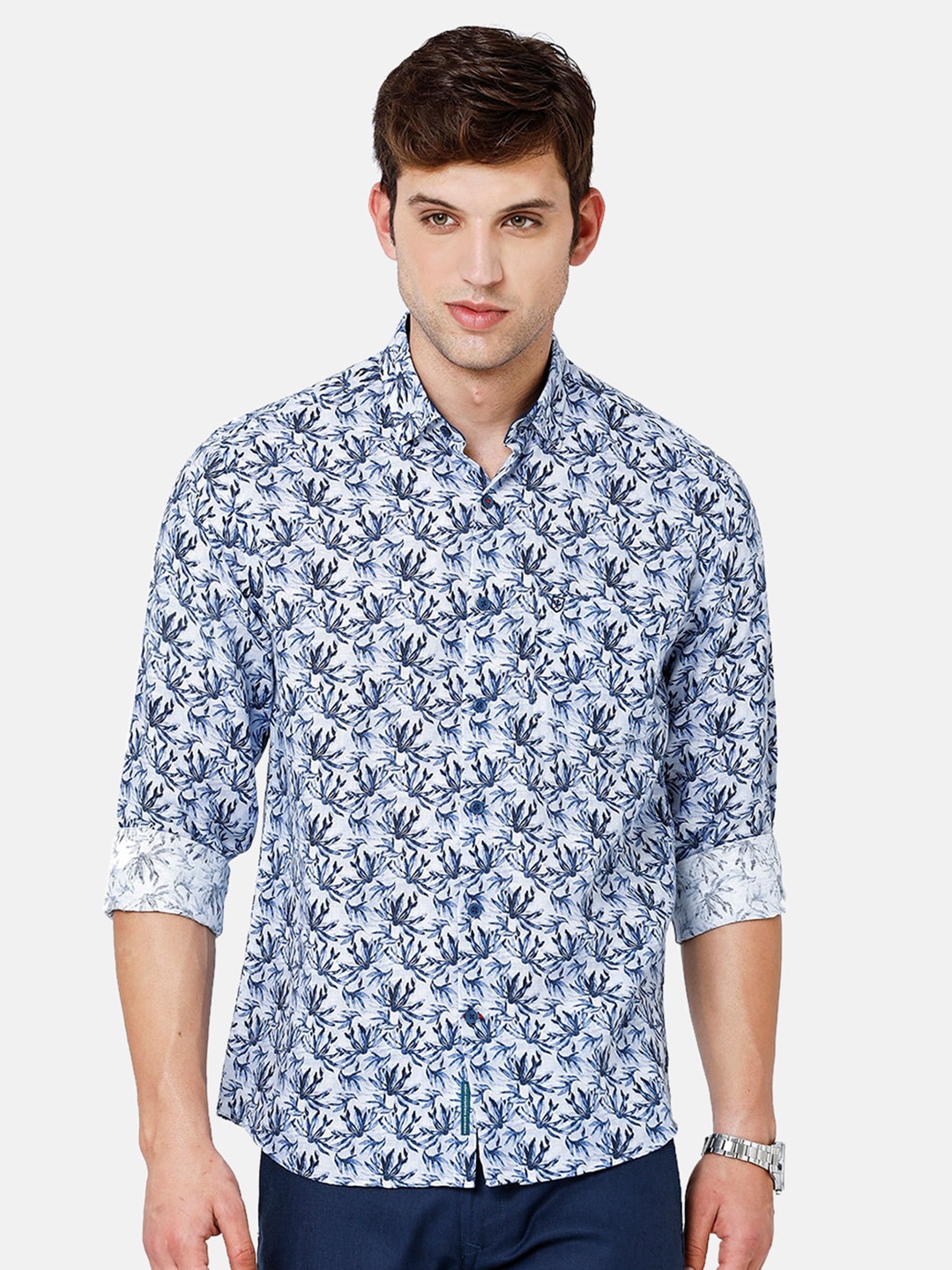 

Linen Club Men Floral Printed Pure Linen Sustainable Casual Shirt, Blue