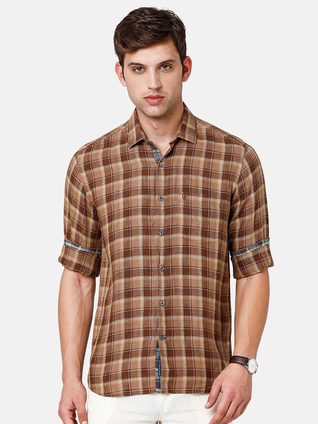 

Linen Club Men Checked Pure Linen Sustainable Casual Shirt, Brown