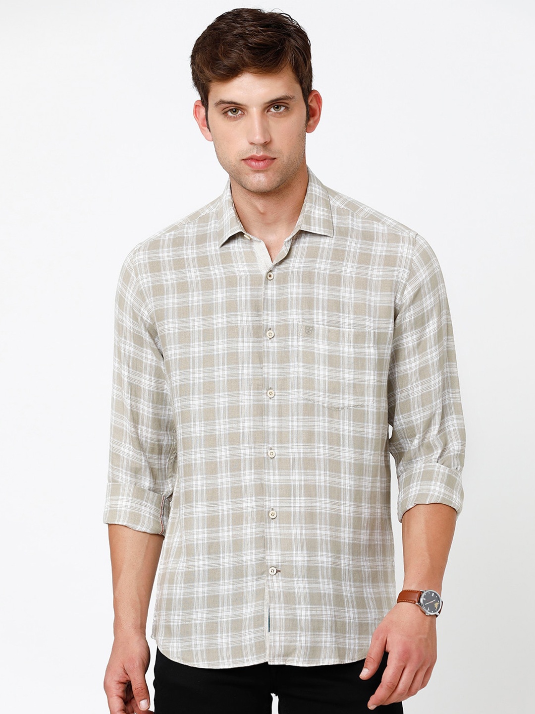 

Linen Club Men Checked Pure Linen Sustainable Casual Shirt, White