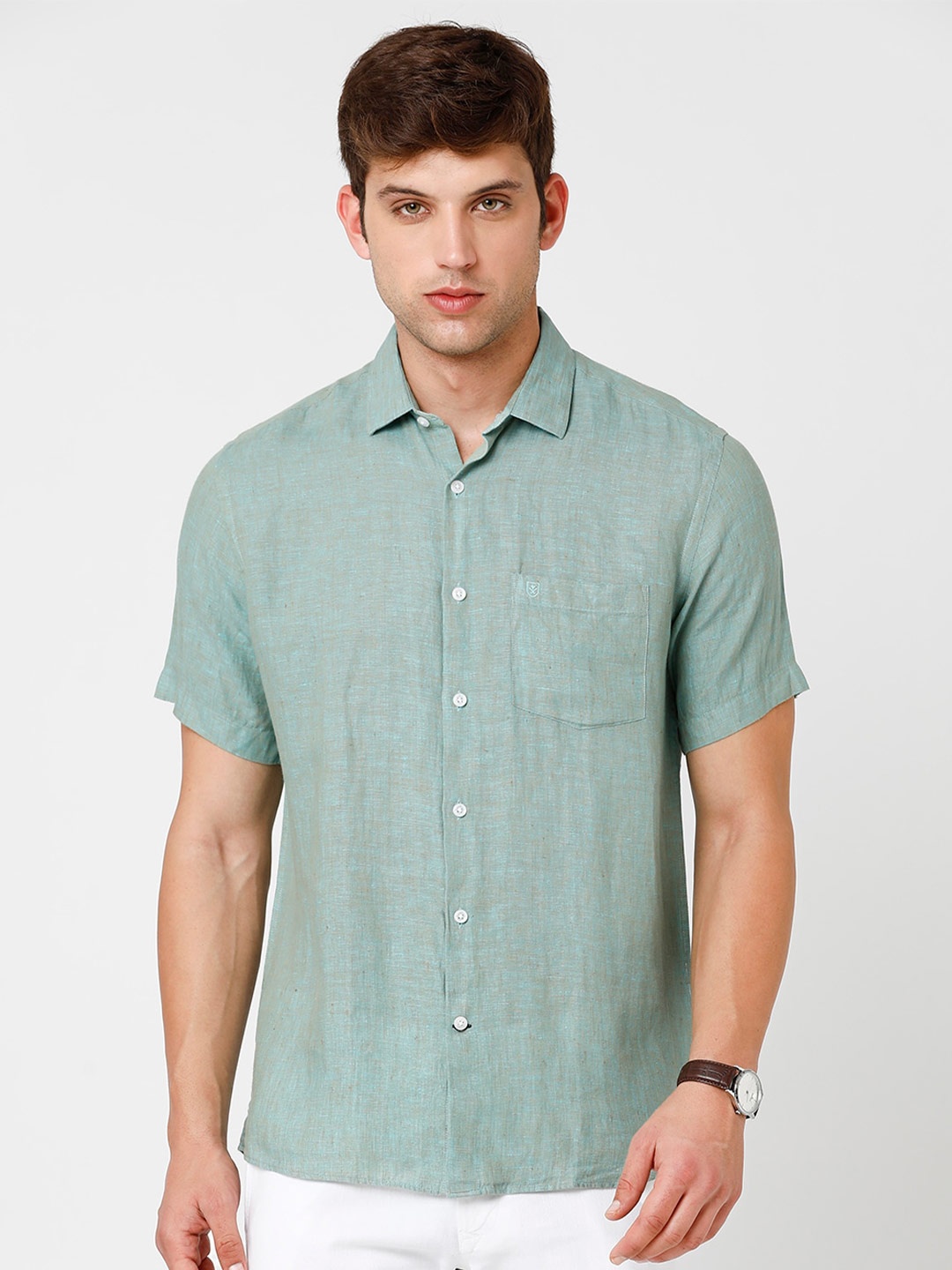 

Linen Club Men Pure Linen Sustainable Casual Shirt, Green