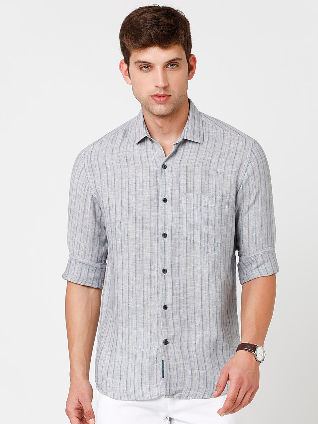 

Linen Club Men Striped Pure Linen Sustainable Casual Shirt, Grey