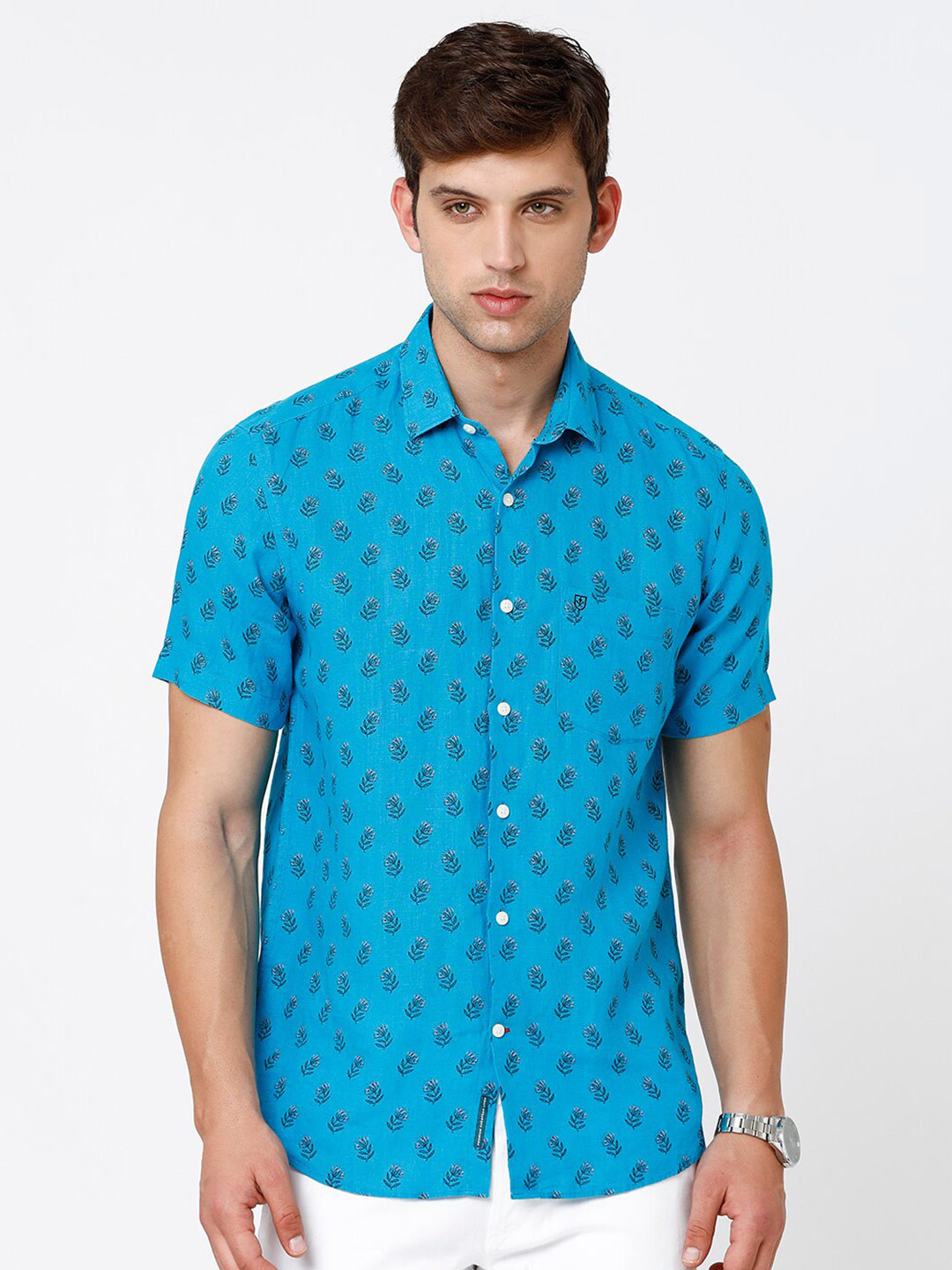 

Linen Club Men Floral Printed Pure Linen Sustainable Casual Shirt, Blue
