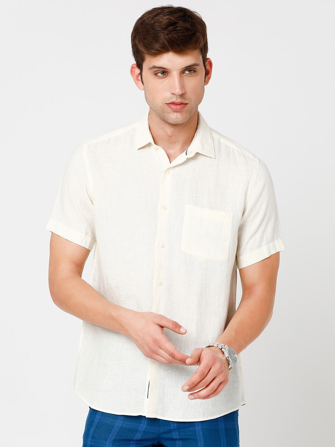 

Linen Club Men Pure Linen Sustainable Casual Shirt, Off white