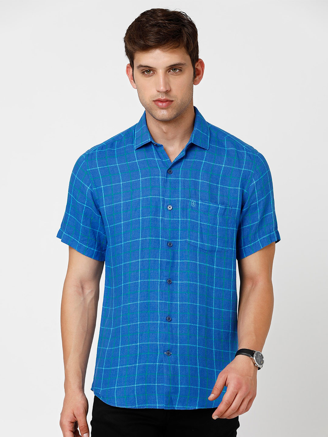 

Linen Club Men Windowpane Checks Pure Linen Sustainable Casual Shirt, Blue