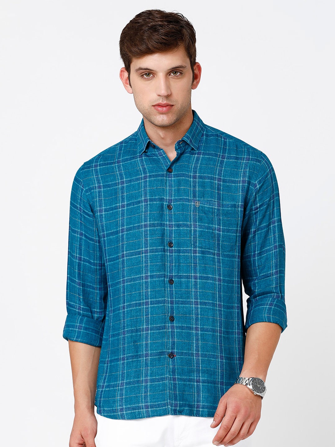 

Linen Club Men Checked Sustainable Casual Shirt, Blue