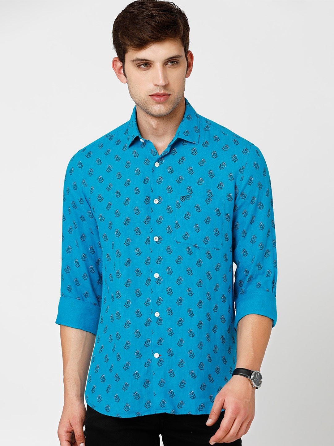 

Linen Club Men Printed Floral Printed Sustainable Casual Shirt, Blue