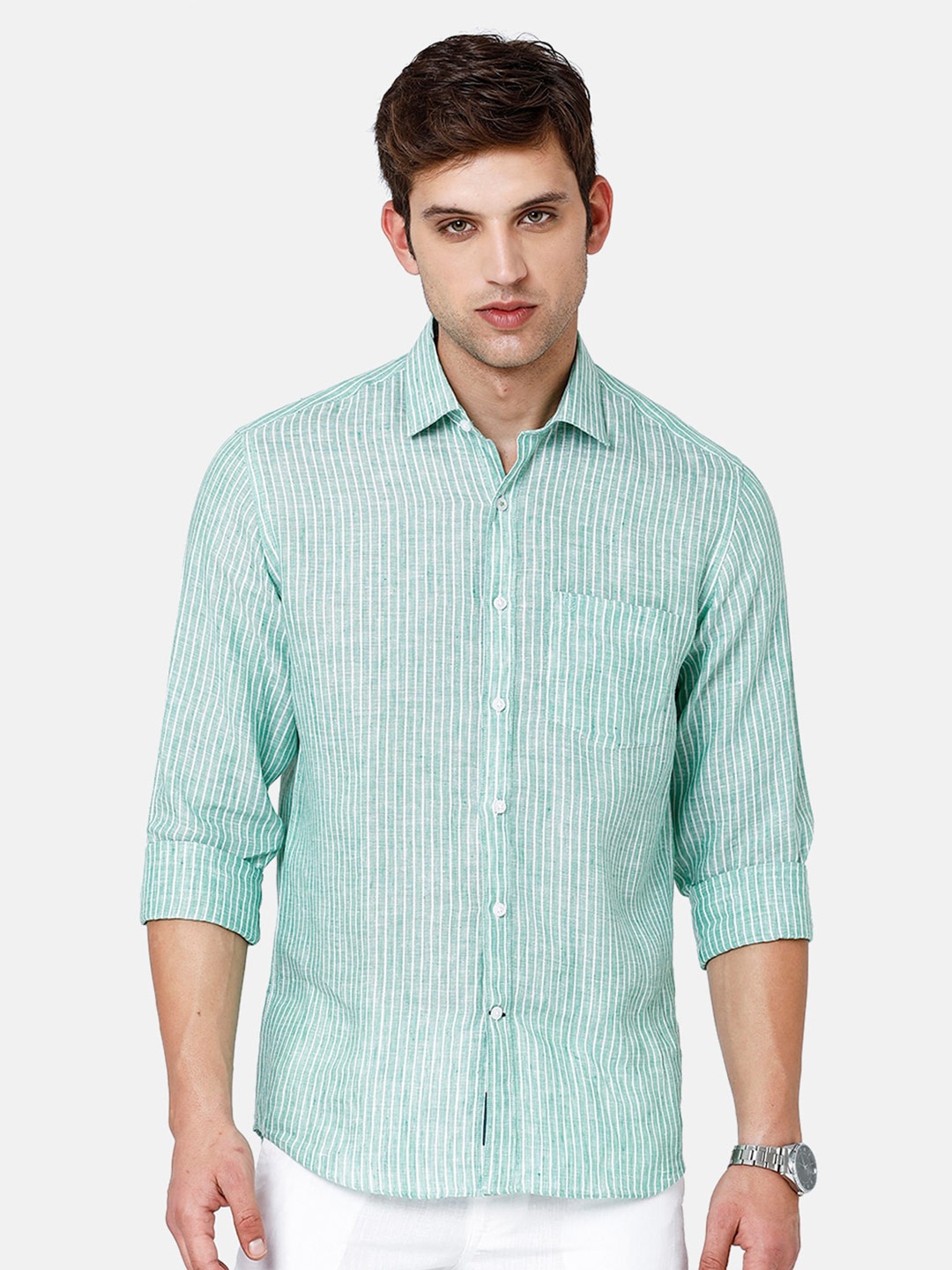 

Linen Club Men Printed Striped Sustainable Casual Shirt, Green