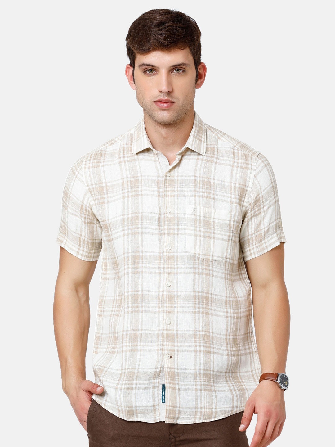 

Linen Club Men Tartan Checks Checked Sustainable Casual Shirt, Beige