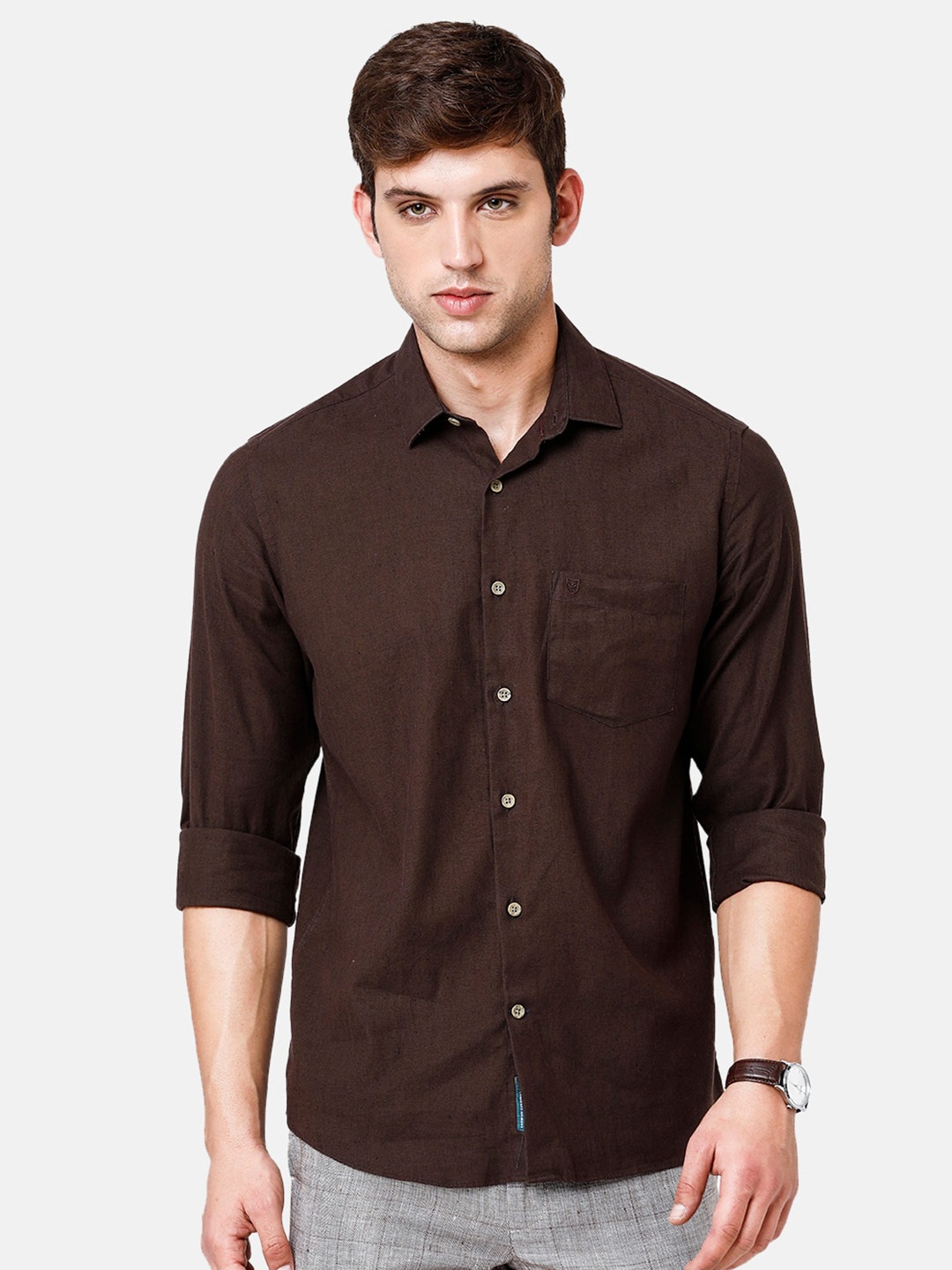 

Linen Club Men Solid Casual Shirt, Brown