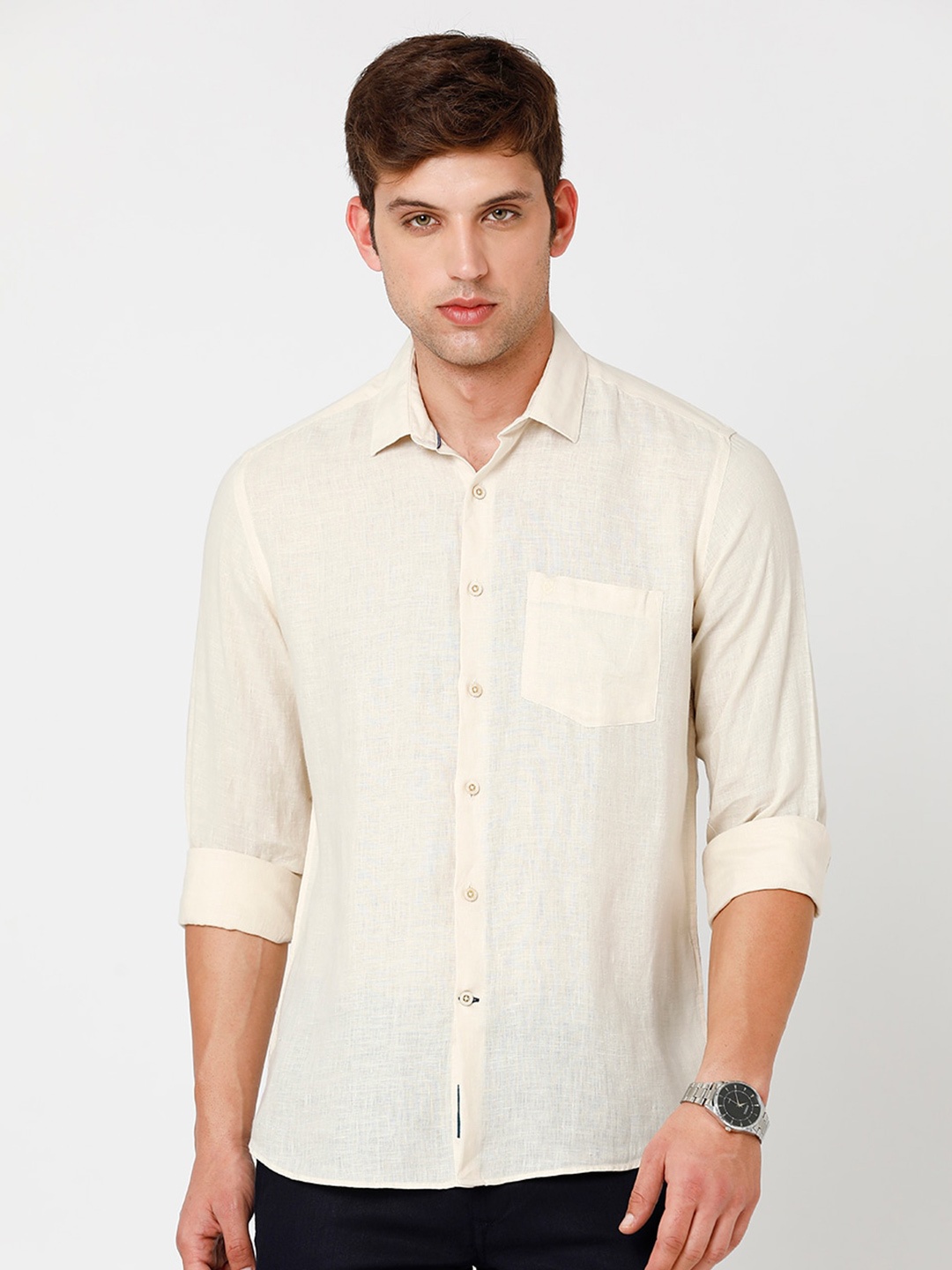 

Linen Club Spread Collar Casual Linen Shirt, Yellow