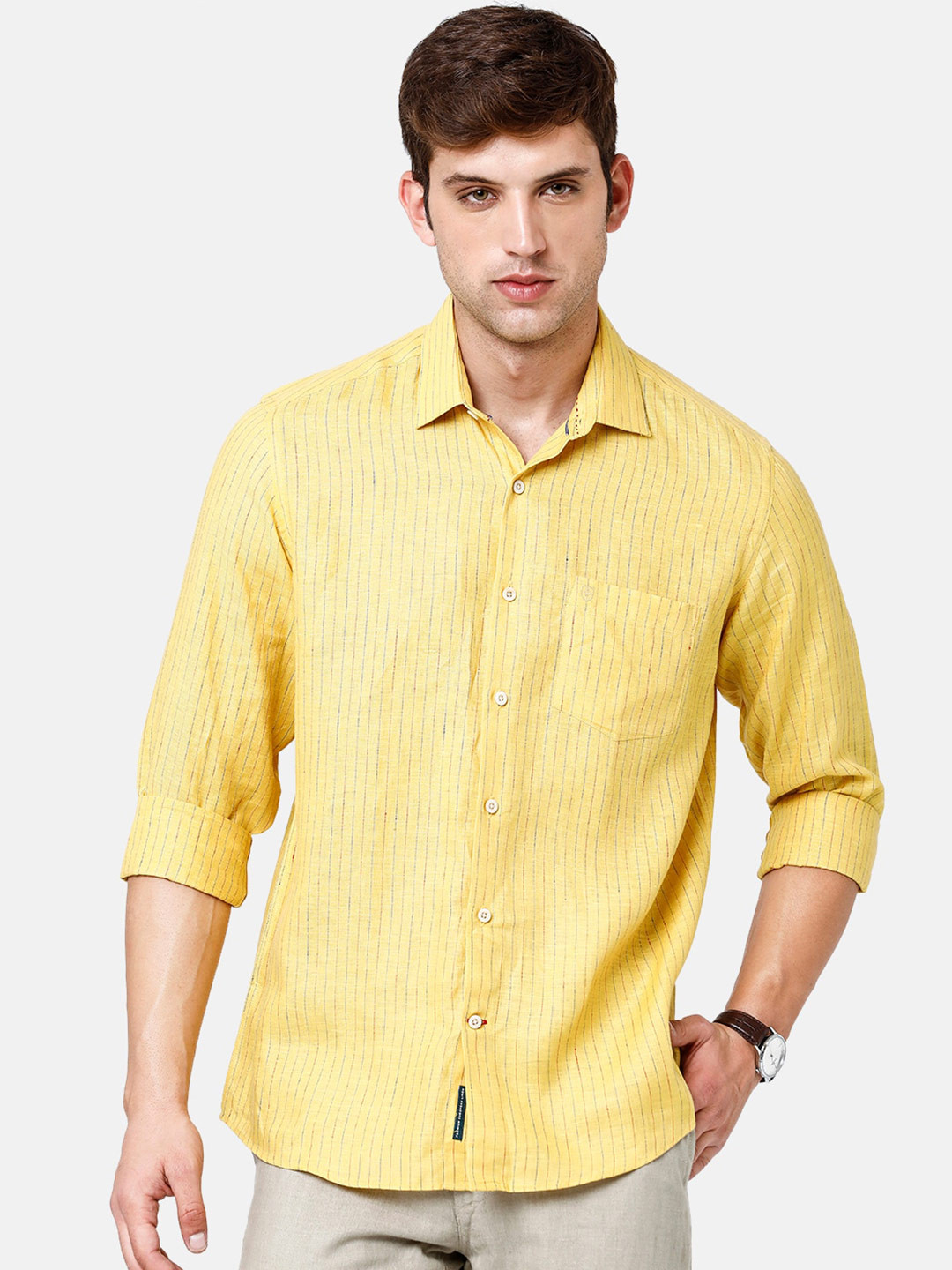 

Linen Club Men Striped Sustainable Casual Shirt, Yellow