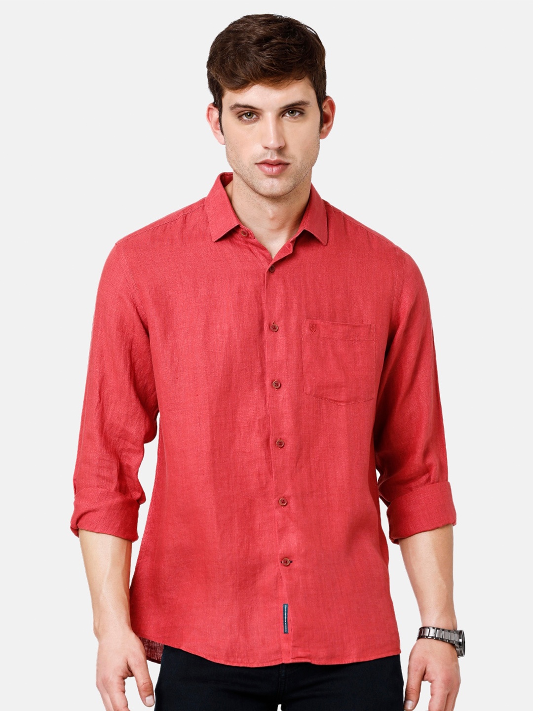 

Linen Club Men Solid Sustainable Casual Shirt, Red
