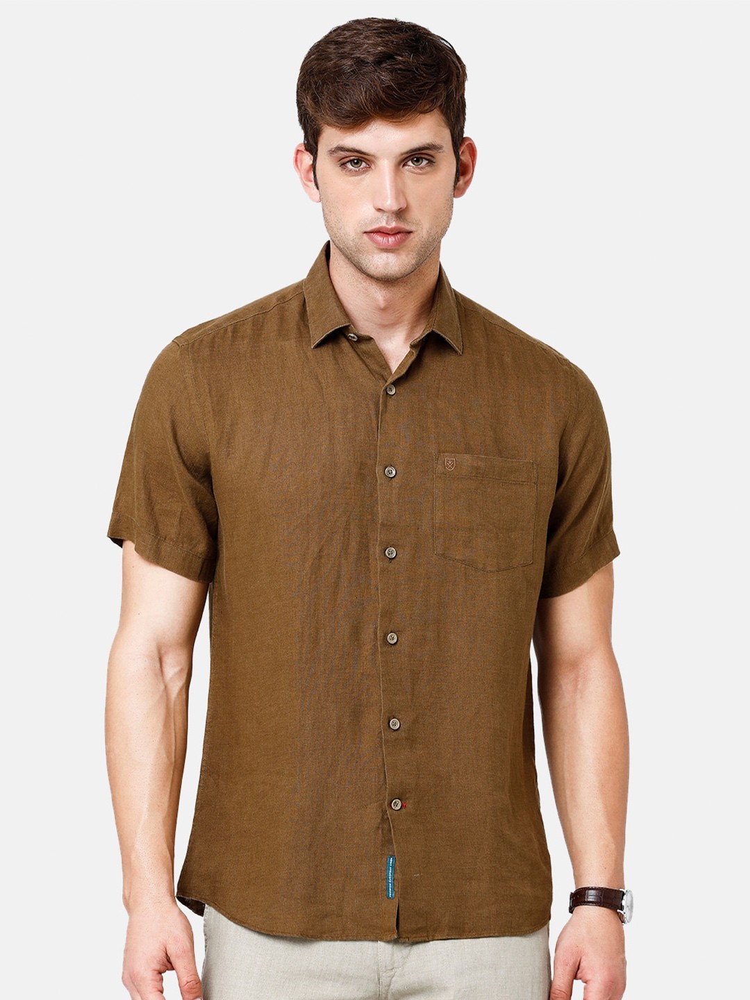 

Linen Club Men Solid Sustainable Casual Shirt, Brown