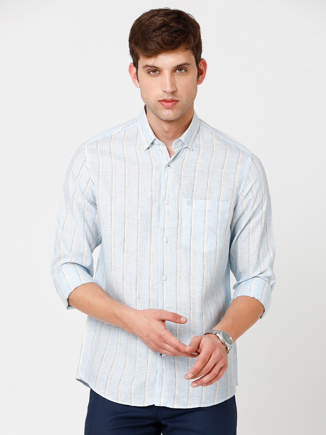 

Linen Club Men Striped Sustainable Casual Shirt, Blue