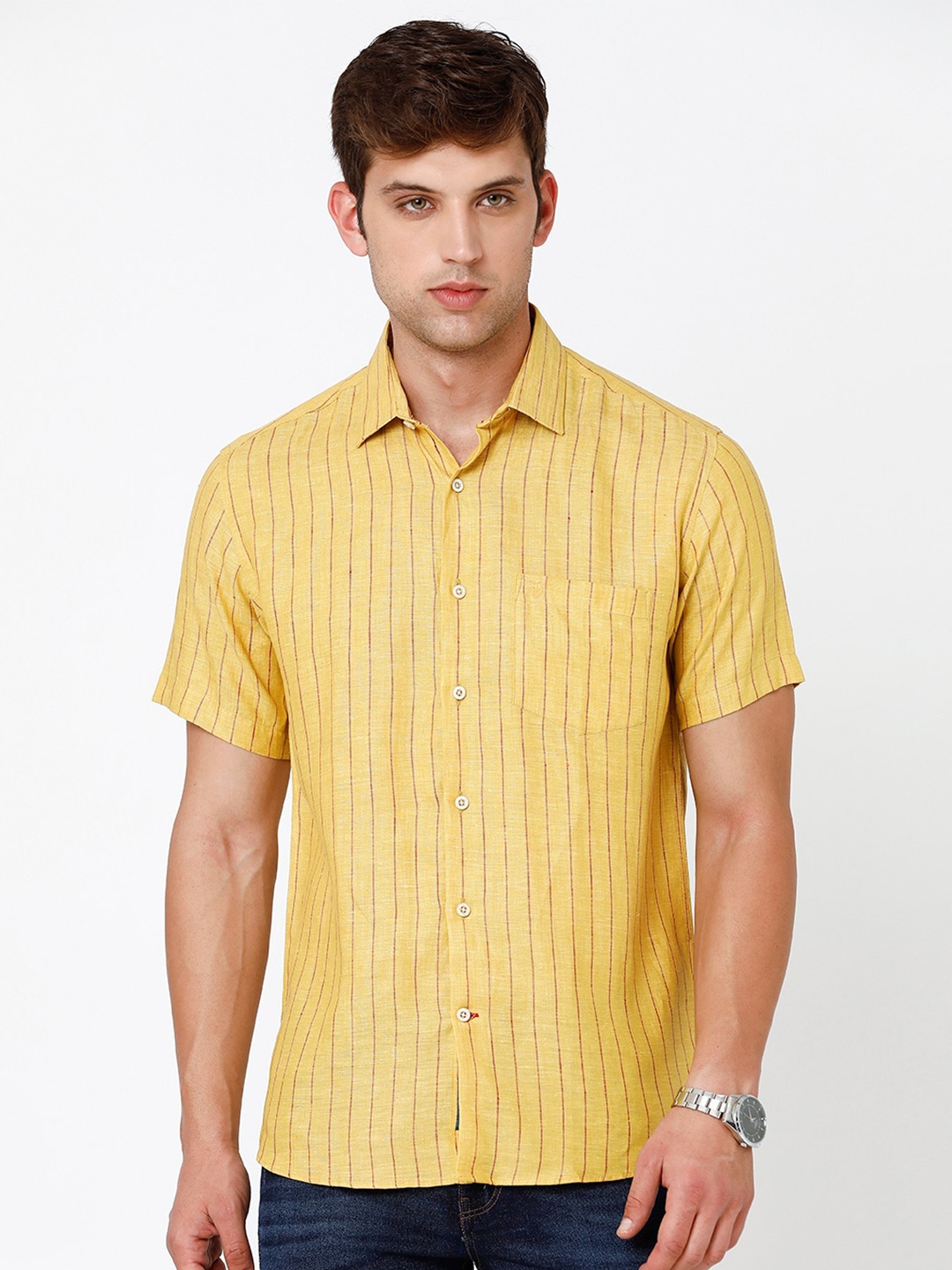 

Linen Club Men Striped Sustainable Casual Shirt, Yellow