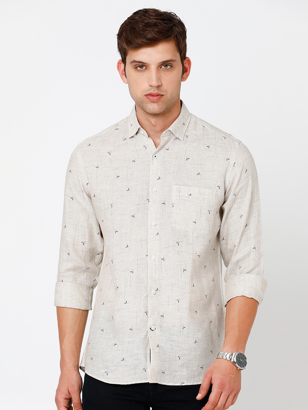 

Linen Club Men Printed Sustainable Casual Shirt, Beige