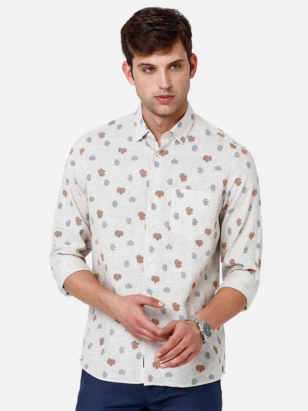 

Linen Club Floral Printed Sustainable Casual Shirt, Off white